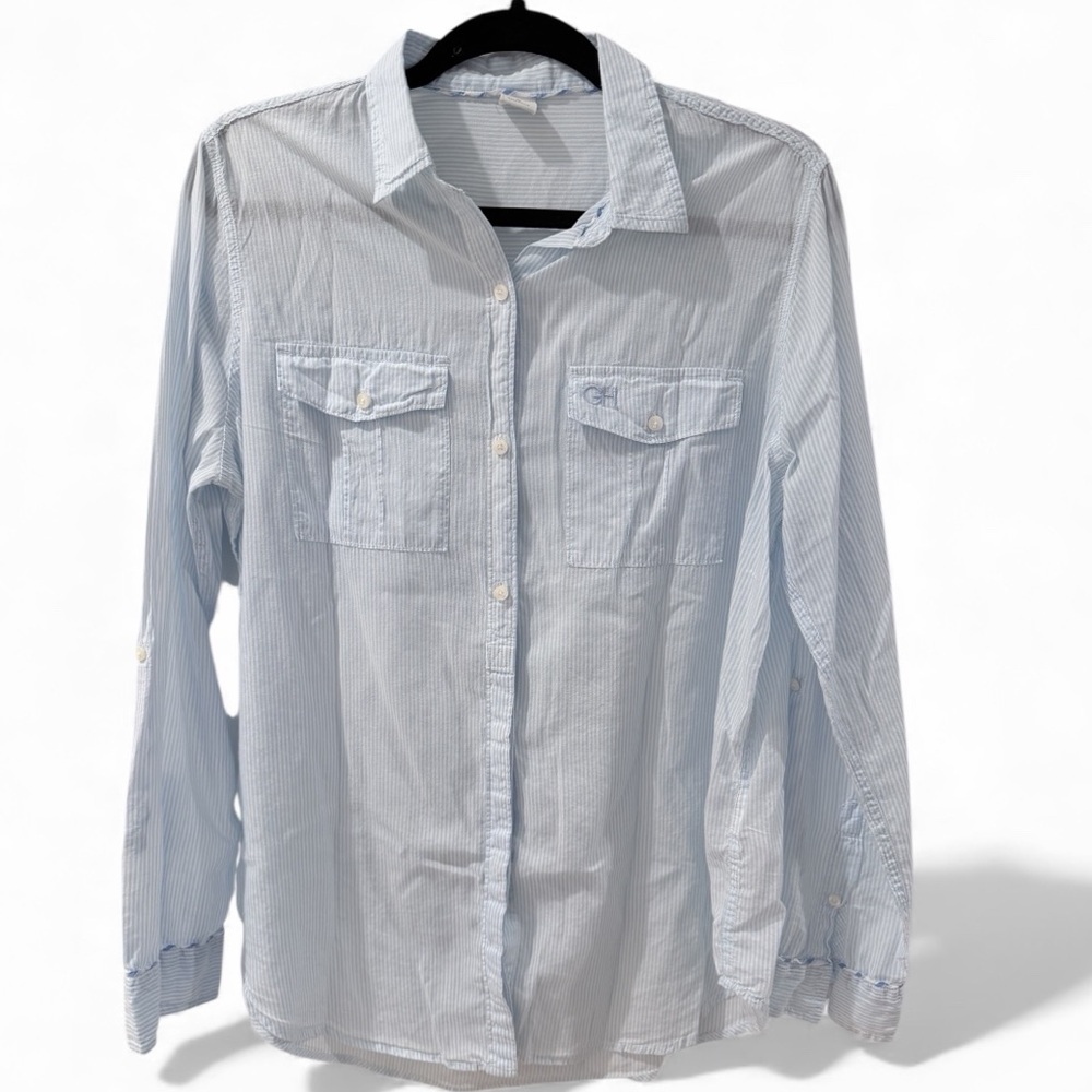 Gilly Hicks Light Blue white striped swim Casual Button Down cover up shirt